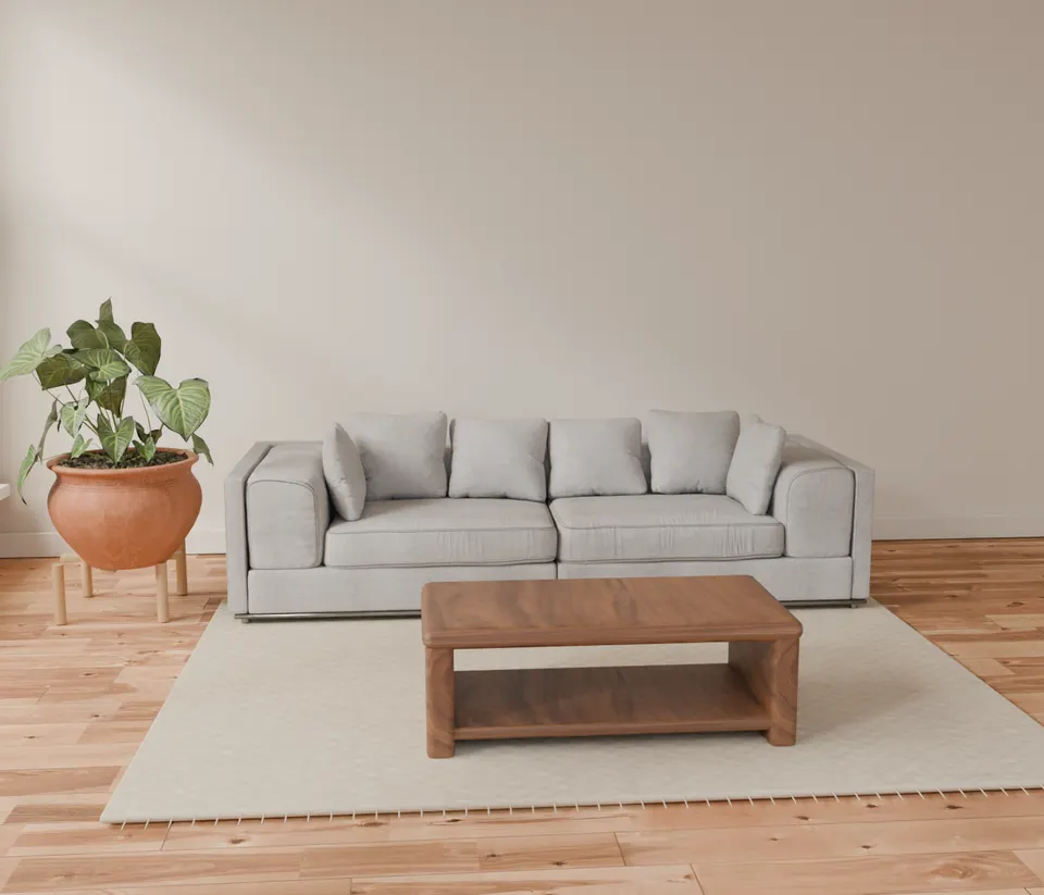 Get comfortable: the living room with sofa, rug and coffee table